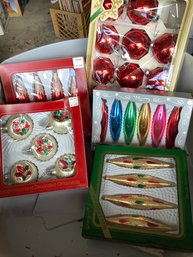 Vintage Glass Ornaments & Storage Bin