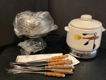 New-Fondue Pot With Forks & Stoneware Pot On Electric Warmer
