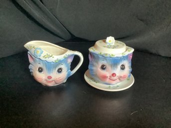 Vintage Lefton Miss Priss Blue Kitty Cat Sugar And Creamer