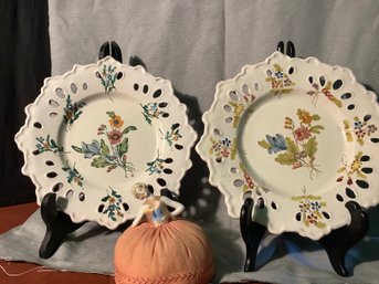 Pair Of Continental Falence Plates, Antique Pin Cushion Doll