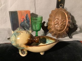 ANTIQUE COPPER MOLD, DEPRESSION GLASS TOOTHPICK HOLDER & MORE