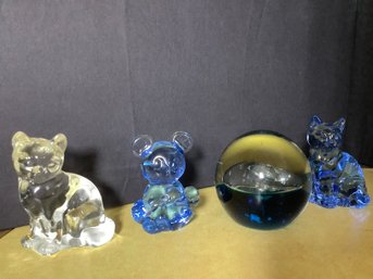 Fenton Glass Cat, Blue Glass Mouse