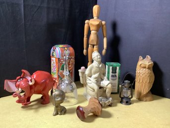 Big Group W/Toilet Man, Etched Bell, Carved Owl, Wooden Apple,& More