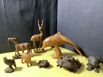 Wood Carved Animals Including Dolphin, Frogs & More