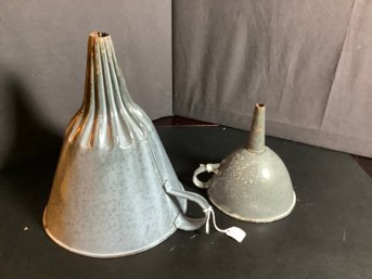 2 Antique Gray Graniteware Funnels