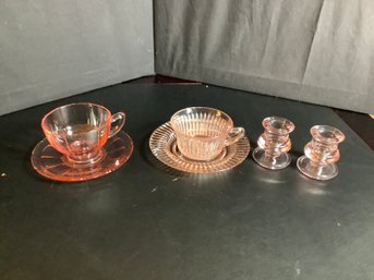 Pink Depression Glass Cups And Saucers And Candle Holders