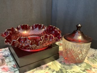 Anchor Hocking Jelly Jar & Fenton Ruby Red Ruffled Dish