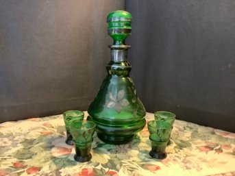 Hand Painted  Decanter & Matching Glasses