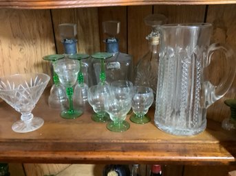 Bar Ware -Shelf With Green Stemmed Glassware & More_Read Desciption