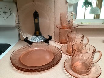 Pink Depression Glass Luncheon Set With Dishes, Mugs And Saucers