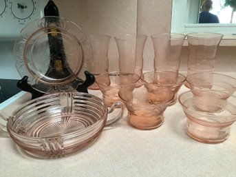 Pink Depression Glass Ware Including Drinking & Serving Pieces