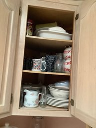 Full Cabinet With Corning Roaster, Dishes, Mugs & More