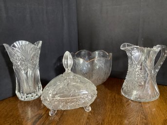 Cut Crystal Pitcher, Vase, Bowl & Candy Dish