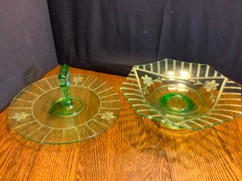 2 Matching Pieces Of Green Depression Glass