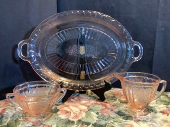 Pink Depression Glass Sugar & Creamer Plus Tray