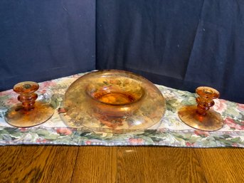 Amber Depression Glass Candlesticks