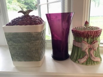 Large Deep Purple Etched Vase & Ceramic Asparagus Jar & More