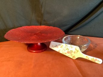 Vintage Red  Glass Cake Dish, Serving Spatula & More