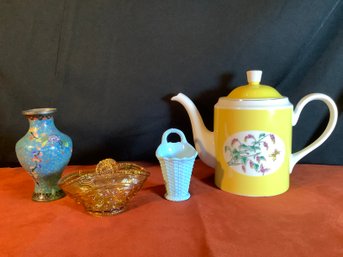 Cloisonne Vase, Yellow Teapot, With Blue Milk Glass & Amber Flower Basket