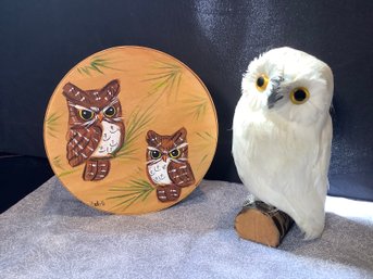 Signed Hand Painted Owl Box & Feathered Owl