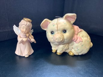 Lefton Angel & Lefton Piggy Bank W/ Foil Tags