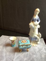 Limoge Footed Trinket Box & Limoge Miniature Flower Vase &  Lady Figurine