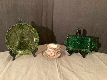 Tea Cup And Green Glass Trays