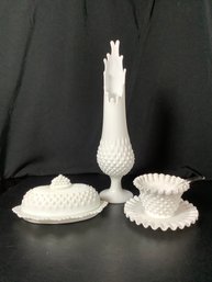 Fenton Swung Glass Vase, Butter Dish & Jam Bowl