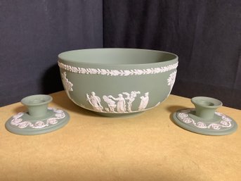 Wedgoood-Sage Green Jasperware Large Bowl & Candlesticks