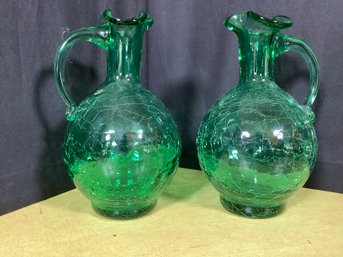 Green Crackle Glass Handled Pitchers-Hand Blown