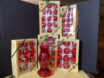 Red Glass Candle Holder & Glass Christmas Ornaments