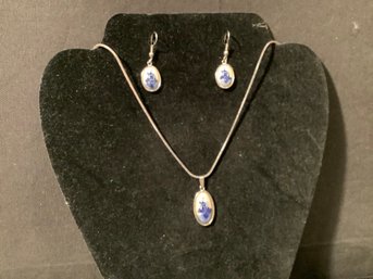 Sterling Silver Chain, Delft Pendant & Earrings