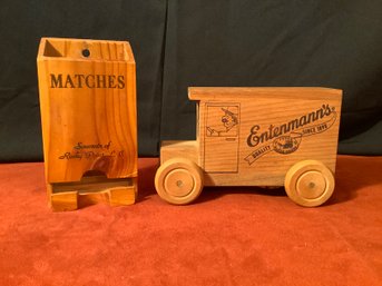 Vintage Entenmanns Wooden Bank & Match Holder From Rocky Point, NY