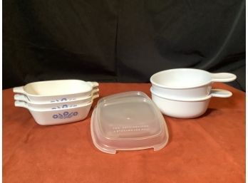 (3)Corning Ware Petite Pans With Lids & Soup Bowls