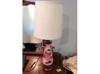 Vintage Pink Lamp With Hand Painted Flower Motif- Signed