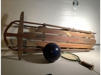 Blue Bowling Ball & Racquet Ball Racket & Sled