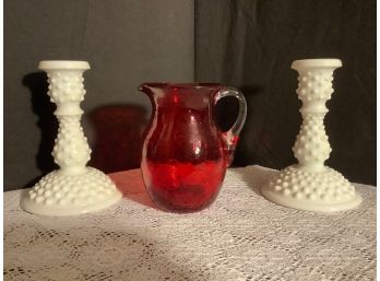 Hobnail Candlesticks & Red Crackle Glass Pitcher