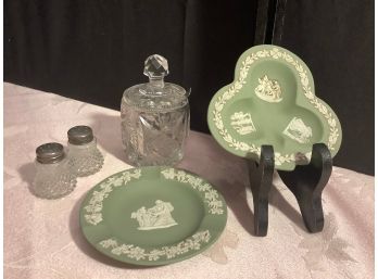 Green Jasperware, Crystal Sugar Bowl & Salt & Pepper Shakers