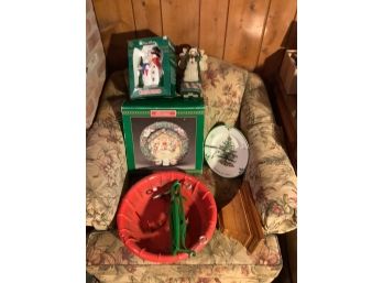 Xmas Tree Stand, Spode Cookie Dish,  Holiday Wreath In Box,