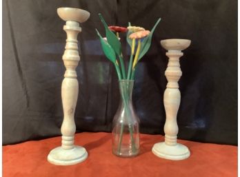 Vintage Rustic Style Candlesticks, Vase & Flowers