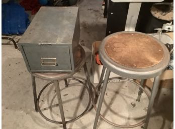 2 Industrial Stools, Metal File Cabinet