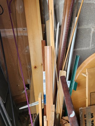 Large Lot Of Scrap Wood, Lumber, Some With Brackets For Shelves, Various Sizes, Styles, Types