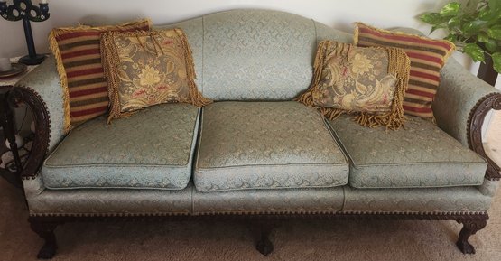 Chippendale Style Camel Back Sofa, 20th C. Carved Rolled Arm, Raised Floral Quilted Upholstery