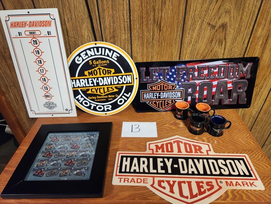 9 Pcs Harley Davidson Memorabilia Swag - Advertising Signs, Mugs, Patch - See All Pics, Motorcycle