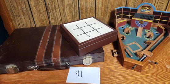 3 Games - Wooden Baseball Pinball, Backgammon, Tic Tac Toe Bar Party Games