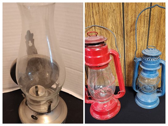 3 Oil Wick Lanterns, Lamp, Vintage, Lighting Lamps, Farm