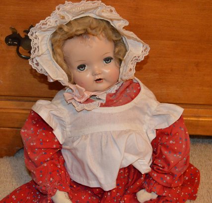 Darling Vintage Baby Doll In Bonnet, Pinafore Dress