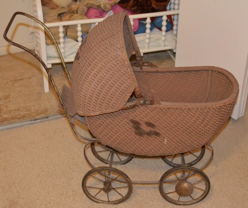 Antique Wicker Baby Buggy, Pram With Reversible Quilt