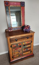 Whimsical, Fun Dresser With Mirror, Mosaic Wood, Checkerboard, Hand-painted, Southwestern