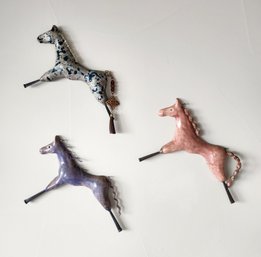 Set Of 3 Whimsical Ceramic Horses, Glazed, Wall Art